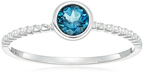 10k White Gold London Blue Topaz Solitaire Beaded Shank Stackable Ring, Size 7