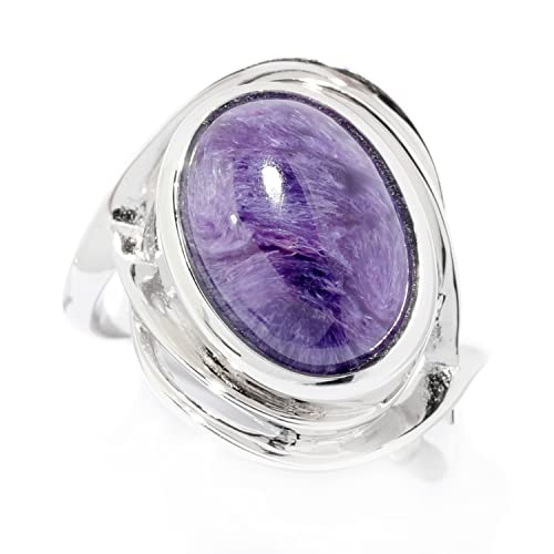 Pinctore Sterling Silver 14 x 10mm Oval Charoite Fancy Shank Ring