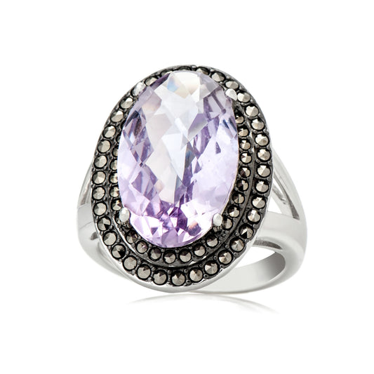 Sterling Silver 925 Pink Amethyst,Marcasite Ring