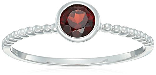 10k White Gold Red Garnet Solitaire Beaded Shank Stackable Ring, Size 7