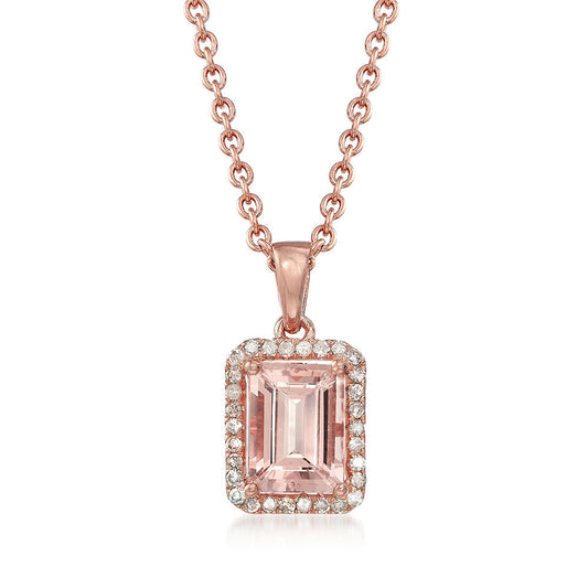 Morganite With Diamond Gemstone Pendant, 925 Sterling Silver Over Rose Gold Plated Pendant, Pendant With 18 Inches Chain, Gift For Her