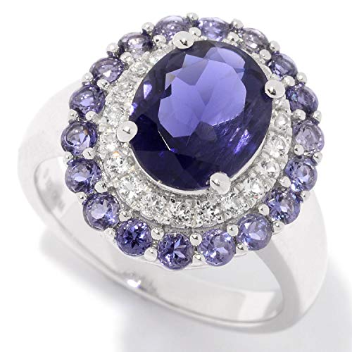 Pinctore Sterling Silver 3.01ctw Iolite & White Topaz Double Halo Ring
