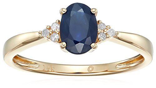 14k Yellow Gold Blue Sapphire and Diamond Classic Engagement Ring (1/10 cttw, I-J Color, Clarity I2-I3), Size 7