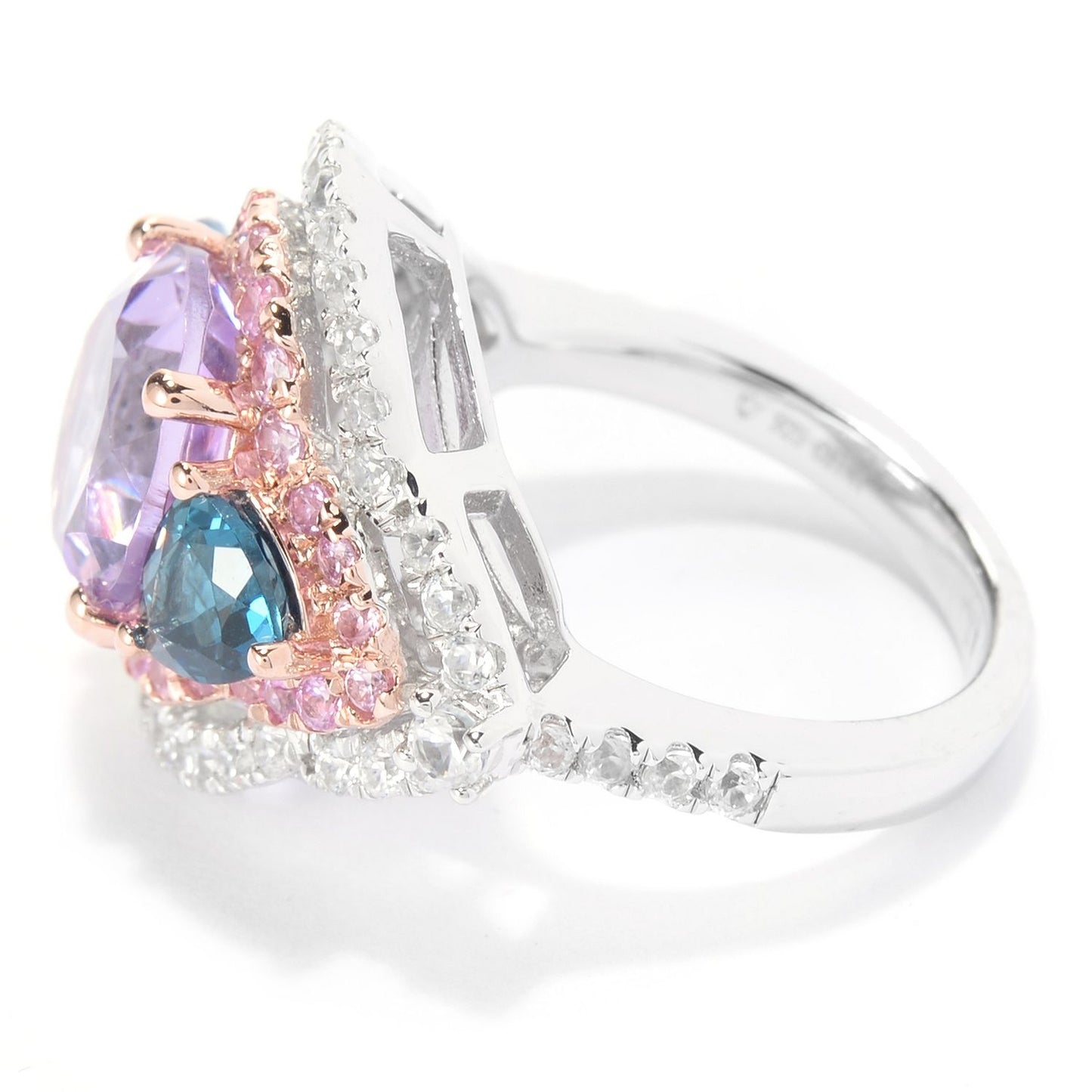 Pinctore 925 Sterling Silver London Blue Topaz,Pink Amethyst,Pink Sapphire,White Natural Zircon Ring