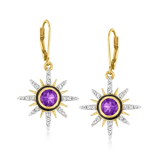 18K Yellow Gold Plated Over Sterling Silver African Amethyst Gemstone Dangle & Drop Earrings