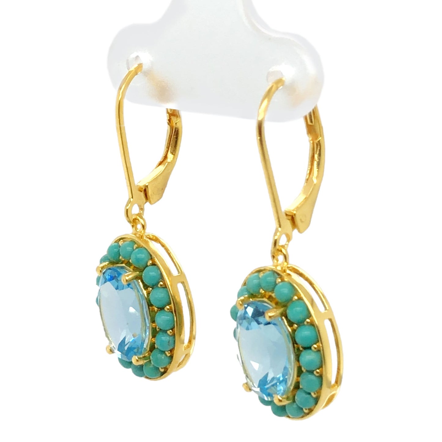 Yellow Gold Over Sterling Silver Sky Blue Topaz, Campitos Turquoise Gemstone Dangle Earrings