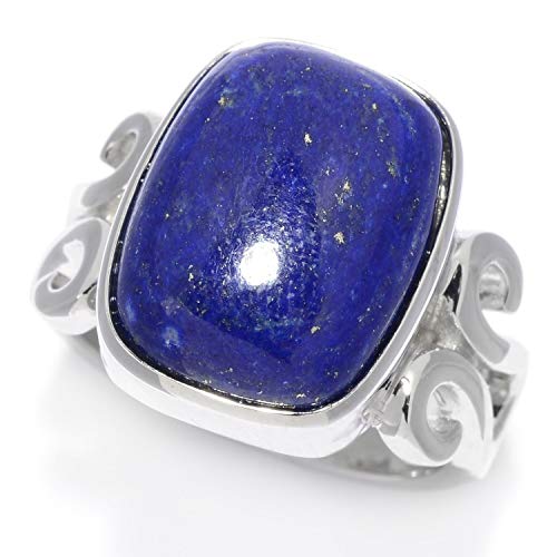 Pinctore Sterling Silver 16 x 12mm Cushion Shaped Lapis Lazuli Scrollwork Ring
