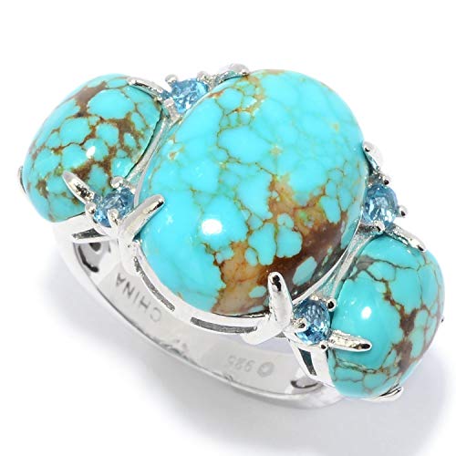 Pinctore Sterling Silver 16 x 12mm Mine #8 Turquoise & Topaz 3-Stone Ring
