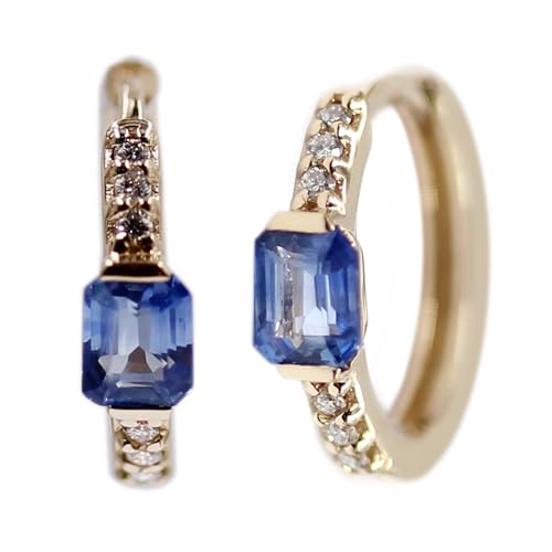 14K Solid Yellow Gold Blue Sapphire With Diamond Hoops Earring For Women's And Girls