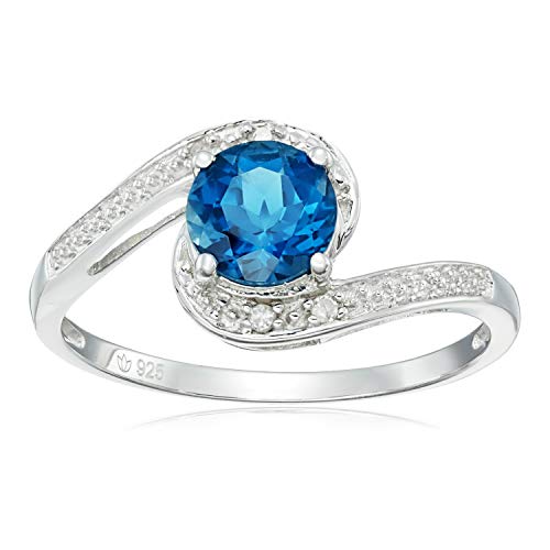 Pinctore Sterling Silver London Blue Topaz and Diamond Solitaire Ring