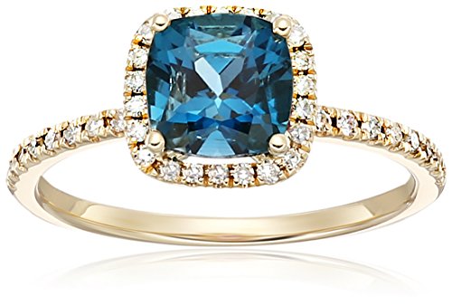 10k Yellow Gold London Blue Topaz and Diamond Cushion Halo Engagement Ring (1/4cttw, H-I Color, I1-I2 Clarity), Size 7