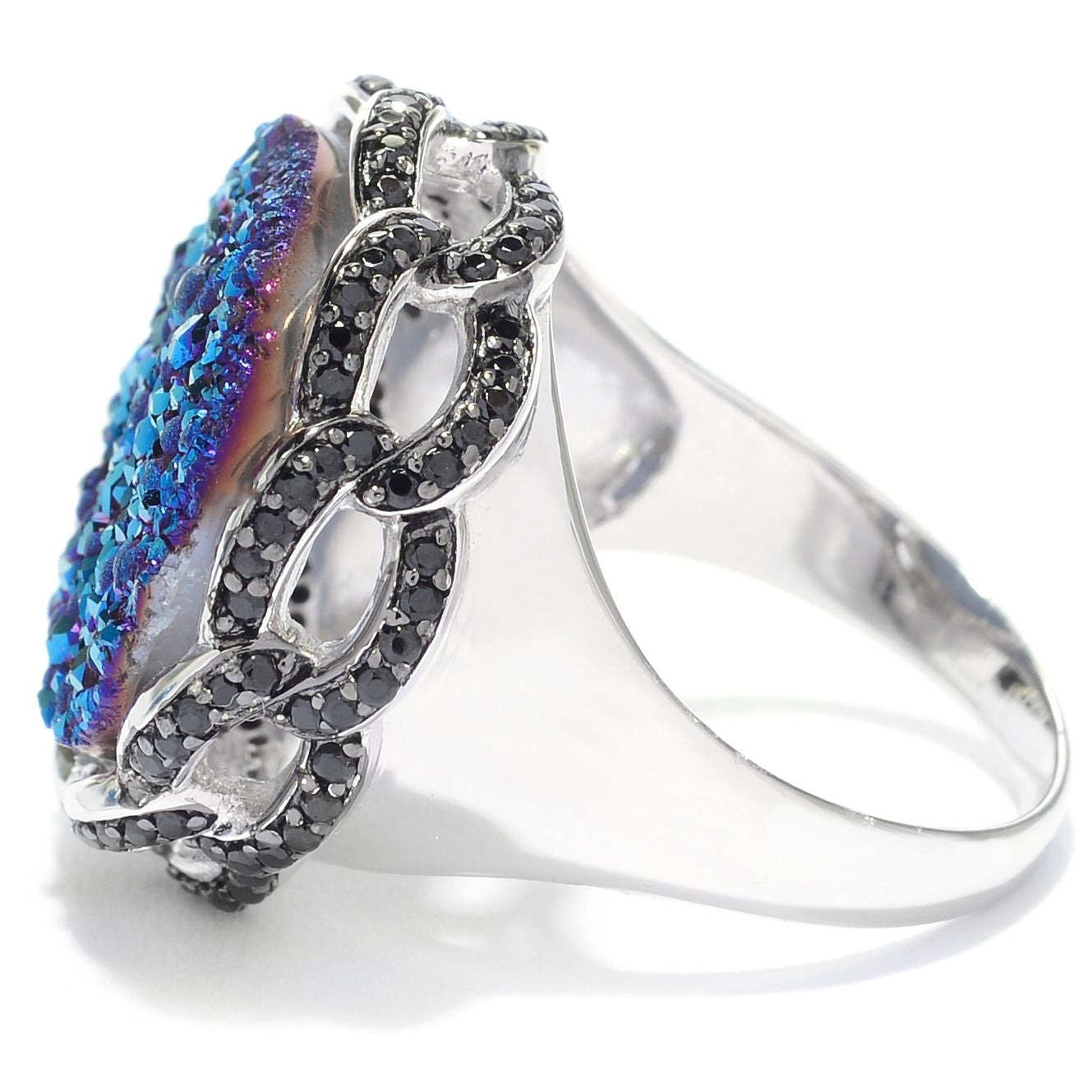 Pinctore 925 Sterling Silver Black Spinel,Blue Drusy Ring