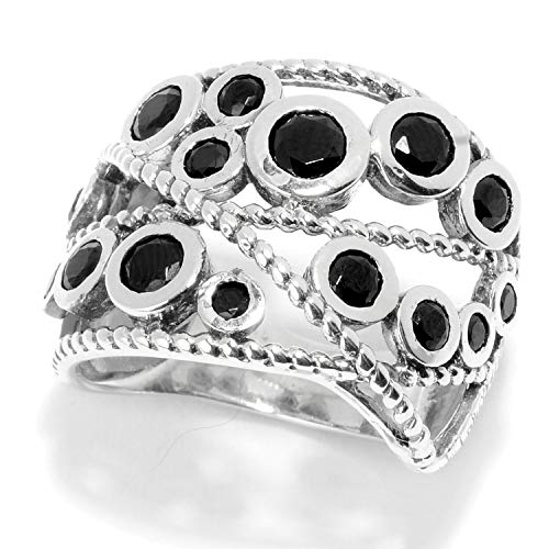 Pinctore Sterling Silver Round Black Spinel Beaded Wide Band Ring