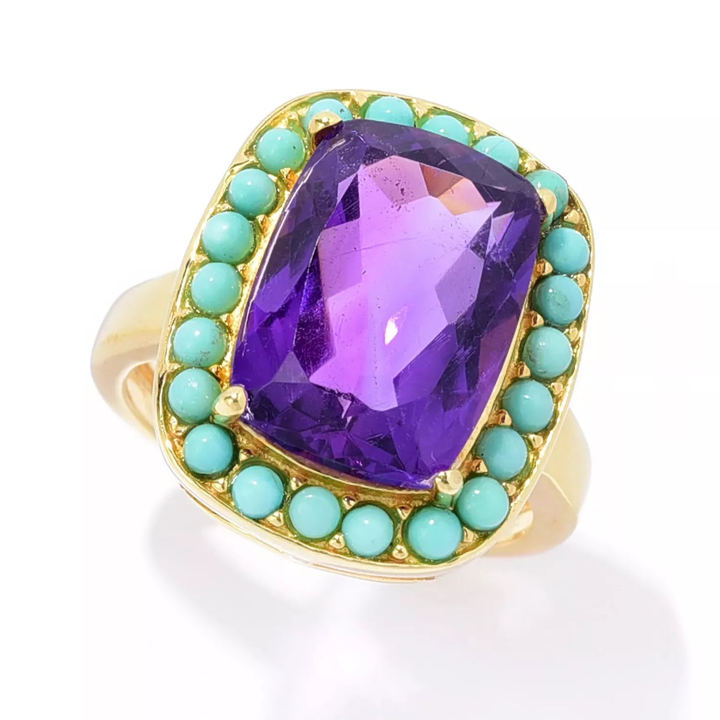 18k Yellow Gold Plated Over Sterling Silver African Amethyst, Campitos Turquoise Gemstone Classic Ring