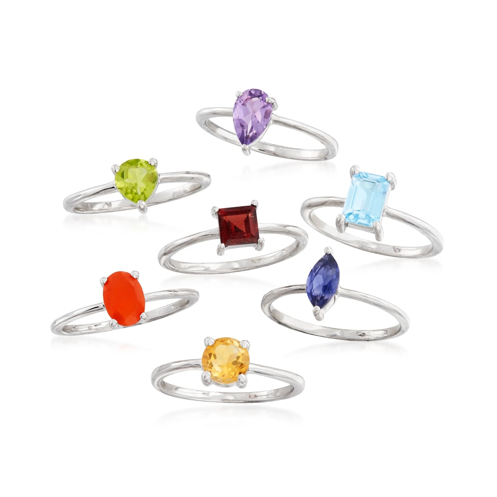 925 Sterling Silver Multi Gemstones Birthstone Ring Set of 7, Gift For Her