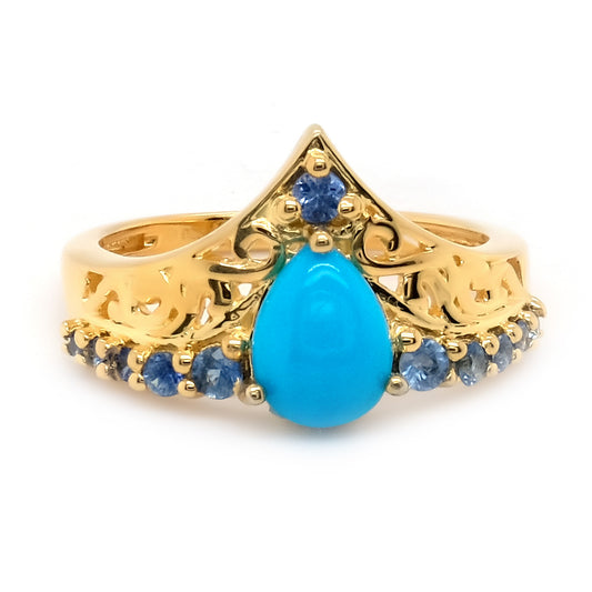 Yellow Gold Plated Over Sterling Silver Sleeping Beauty Turquoise And Ceylon Blue Sapphire Gemstone Band Ring