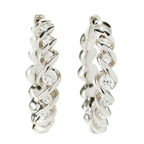 Pinctore Rhodium Over Silver 1ctw White Zircon Twisted Hoop Earrings 0.9'L
