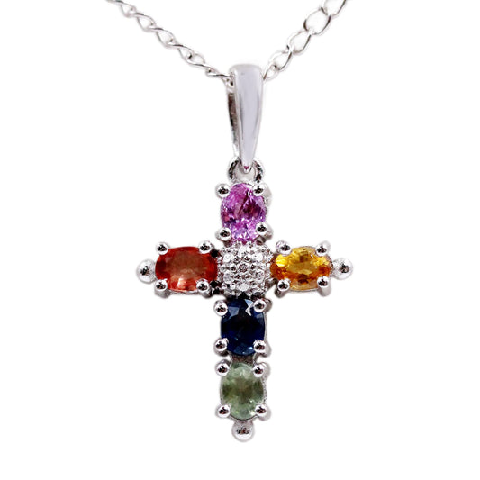 Natural Multi Sapphire Gemstone Pendant, 925 Sterling Silver Cross Pendant, Anniversary Gift, Gift For Her