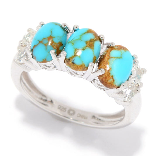 925 Sterling Silver Mine#8 Turquoise,White Topaz Ring
