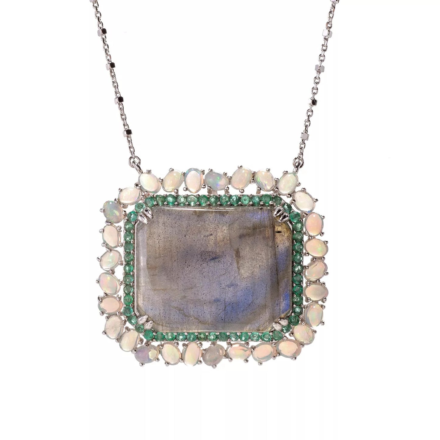 925 Sterling Silver Ethiopian Opal,Brazilian Emerald,Labradorite Necklace
