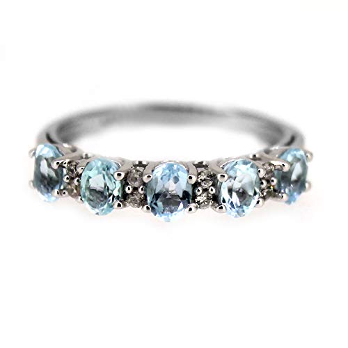925 Sterling Silver Sky Blue Topaz,White Natural Zircon Band Ring