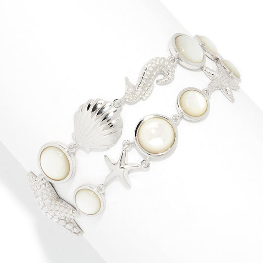 Pinctore Sterling Silver White Mother of Pearl Sea Life 2-Row Bracelet, Women Pearl Bracelet