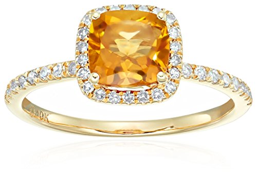 10k Yellow Gold Citrine and Diamond Cushion Halo Engagement Ring (1/4cttw, H-I Color, I1-I2 Clarity), Size 7
