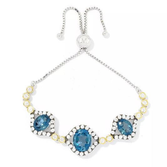 925 Sterling Silver Bolo Bracelet Natural London Blue Topaz With White Zircon Gemstone Bracelet, Two Tone Bracelet,Fine Jewelry,Gift For her