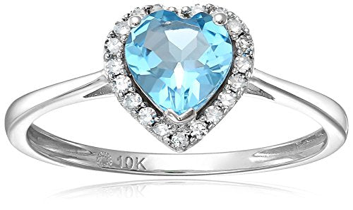 10k White Gold Swiss Blue Topaz And Diamond Solitaire Heart Halo Engagement Ring (1/10cttw, H-I Color, I1-I2 Clarity), Size 7