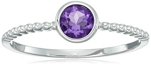 10k White Gold African Amethyst Solitaire Beaded Shank Stackable Ring, Size 7
