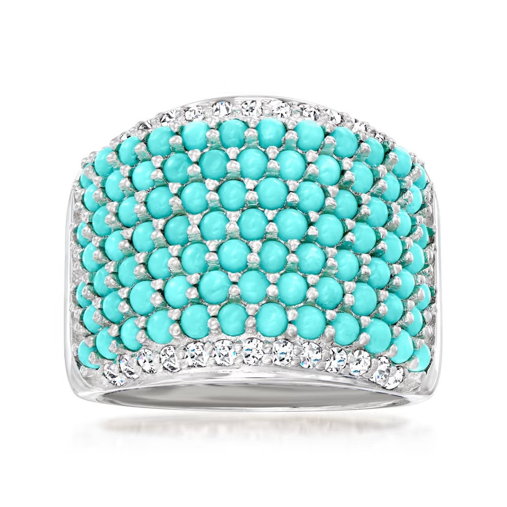 Sterling Silver Campitos Turquoise, White Zircon Gemstone Band Ring