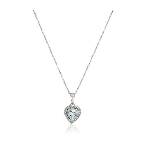 Pinctore 10k White Gold Aquamarine Heart, Diamond Pendant Necklace, 18"