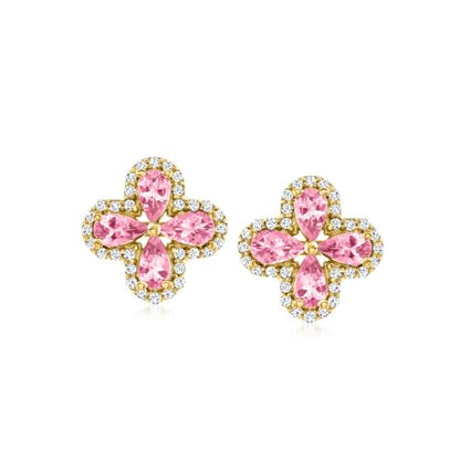 18k Yellow Gold Plating Over sterling Silver, Pink Tourmaline Gemstone Flower Stud Earrings