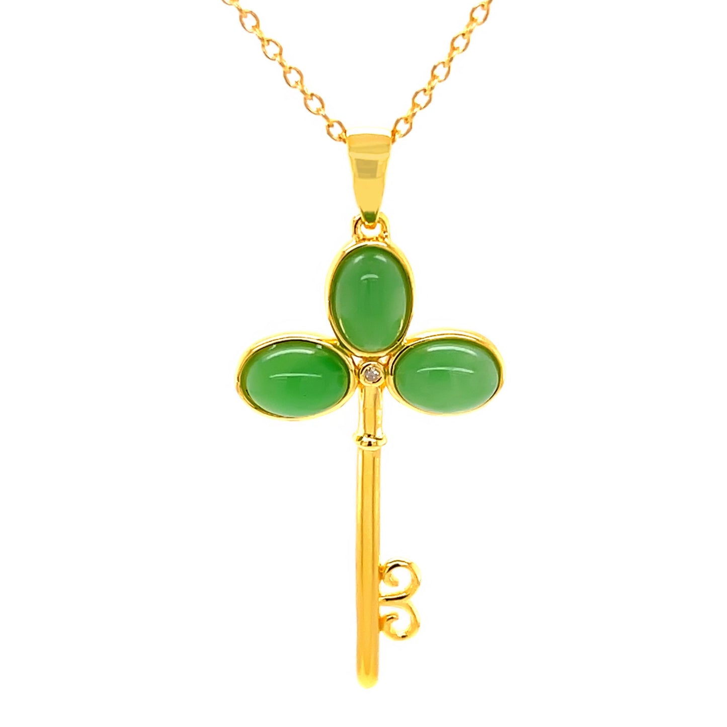 18k Yellow Gold Plating Over Sterling Silver, Dyed Green Jade and Diamond Gemstone " Key "Pendant