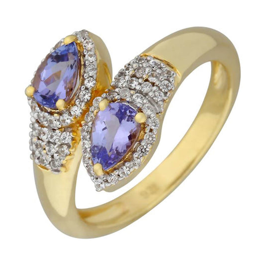 Natural Tanzanite With White Zircon Gemstone Ring 925 Sterling Silver Ring Gold Plated Ring Bypass Ring Anniversary Ring Gift For Her