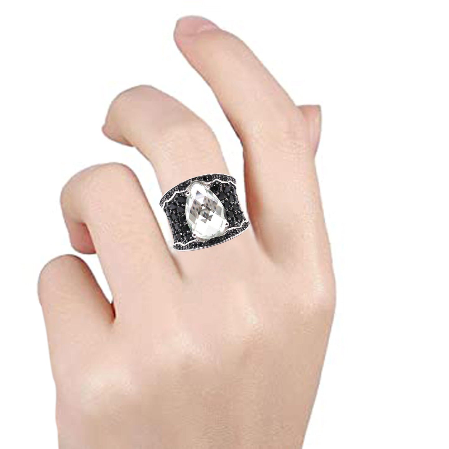 925 Sterling Silver Women Ring, Green Amethyst Pear Shpe Ring, Black Spinel Ring for Women, Women Engagement Ring,