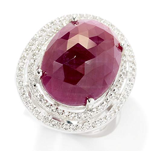 Pinctore Sterling Silver Indian Ruby & White Topaz Double Halo Ring