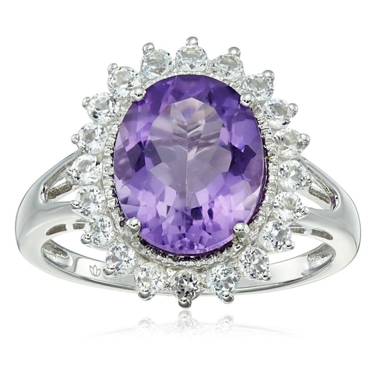 925 Sterling Silver African Amethyst, White Topaz Ring