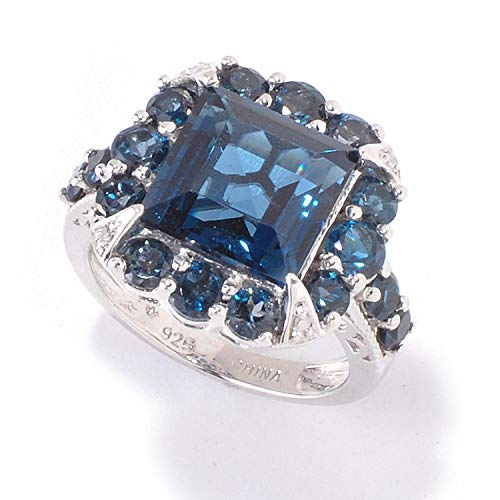 Pinctore Platinum o/Silver 8.29ctw London Blue Topaz & Diamond Cocktail Ring, Size 7