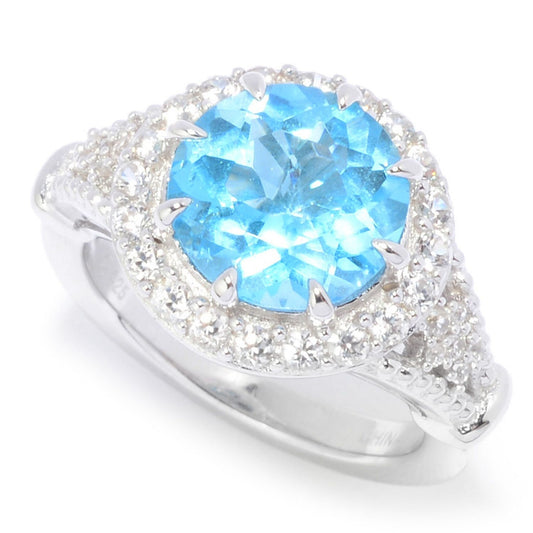 925 Sterling Silver Swiss Blue Topaz,White Natural Zircon Ring