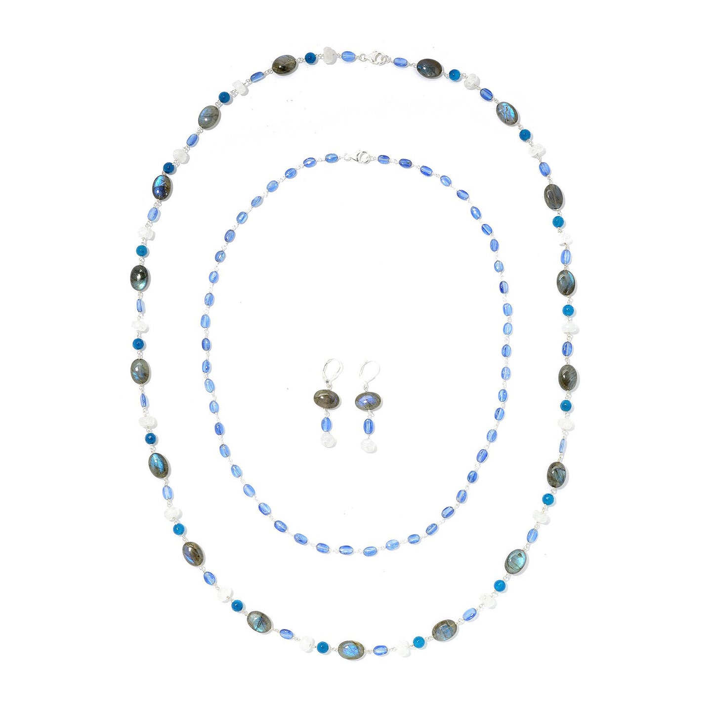 925 Sterling Silver Rainbow Moonstone,Kyanite,Labradorite,Blue Agate Necklace