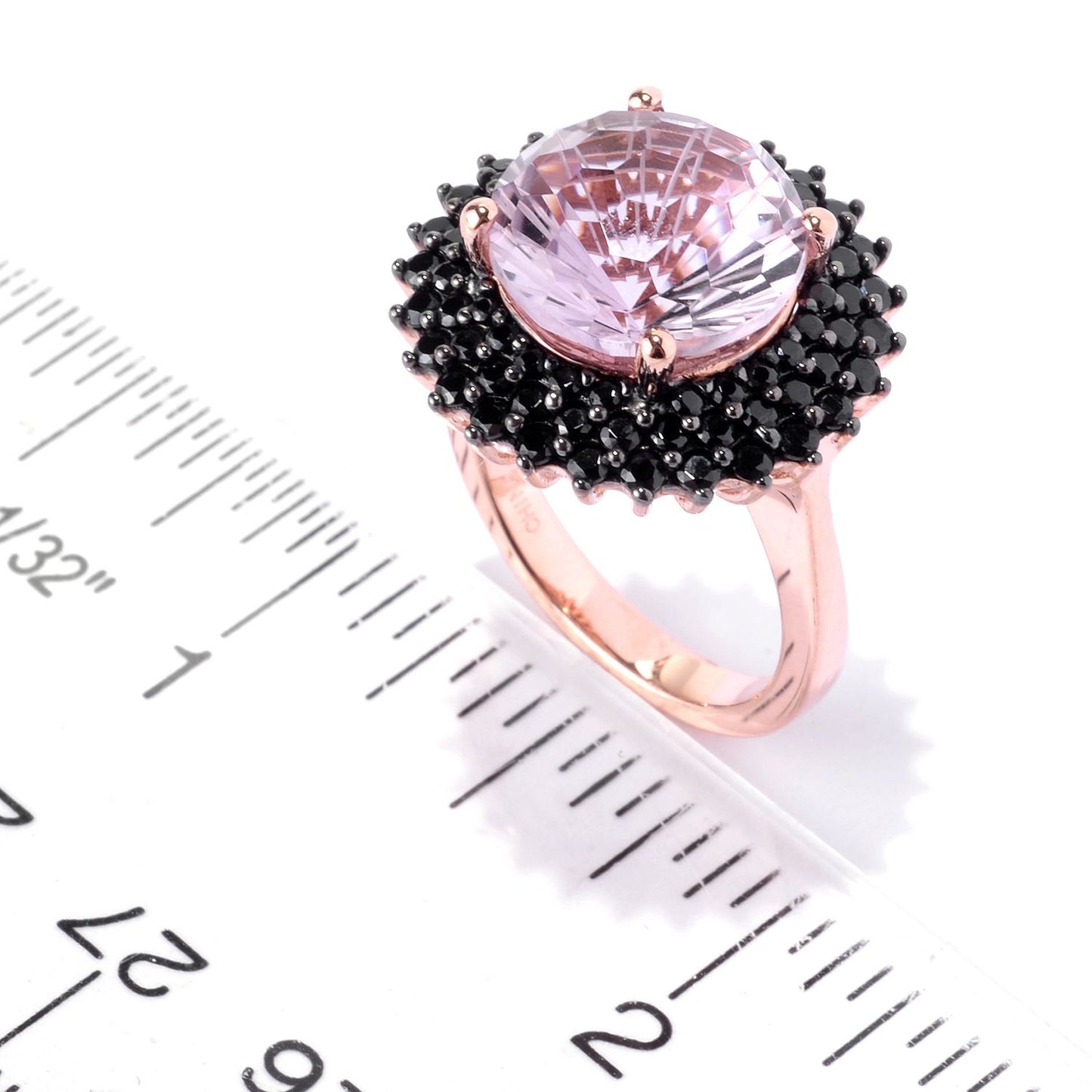Pinctore 18K Rose Vermeil 12mm Round Pink Amethyst,Black Spinel Halo Cocktail Ring, Size 7