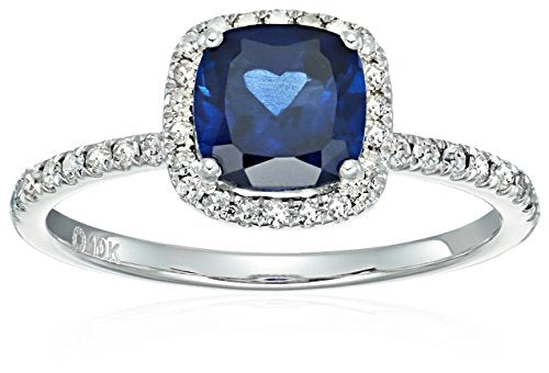 10k White Gold Created Blue Sapphire and Diamond Cushion Engagement Ring (1/4cttw, H-I Color, I1-I2 Clarity), Size 7
