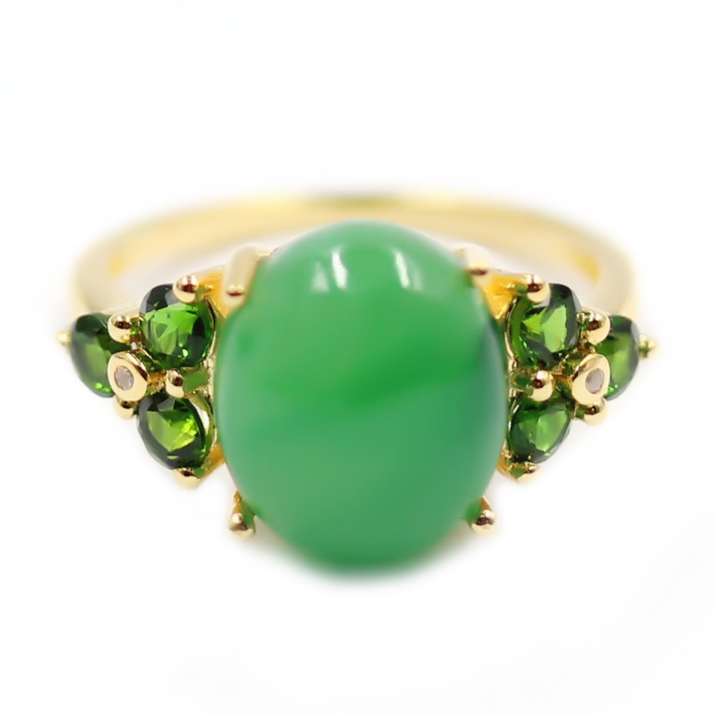 18k Yellow Gold Plated Over Sterling Silver, Dyed Green Jade And Chrome Diopside Gemstone Cocktail Rings