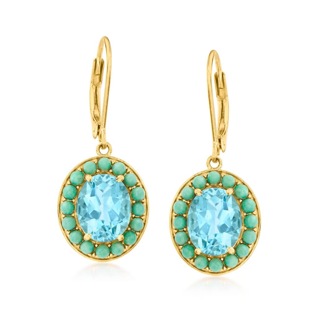 Yellow Gold Over Sterling Silver Sky Blue Topaz, Campitos Turquoise Gemstone Dangle Earrings