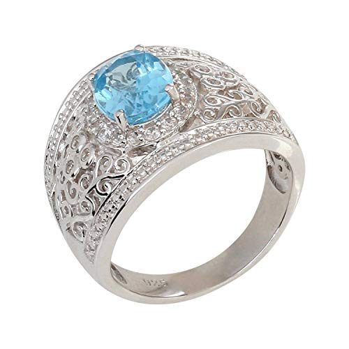 925 Sterling Silver Swiss Blue Topaz,White Natural Zircon Ring US10