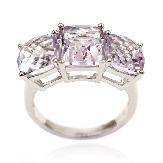 925 Sterling Silver Pink Amethyst 3 Stone Ring For Women's US 4.5