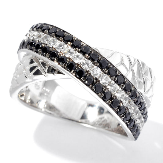 Pinctore Platinum o/Silver 1.46ctw Black Spinel & White Zircon Band Textured Ring, Size 7