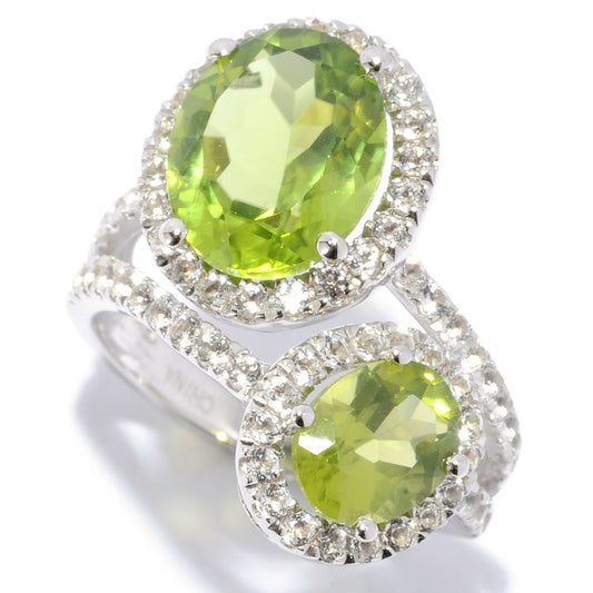 Pinctore Sterling Silver Oval 5.7ctw Peridot & White Topaz Double Halo Ring, Size 7