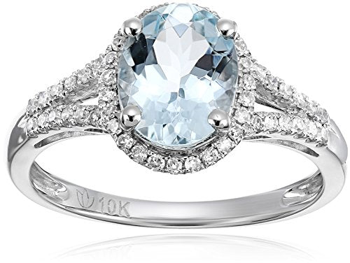 10k White Gold Aquamarine and Diamond Oval Halo Engagement Ring (1/5cttw, H-I Color, I1-I2 Clarity), Size 7